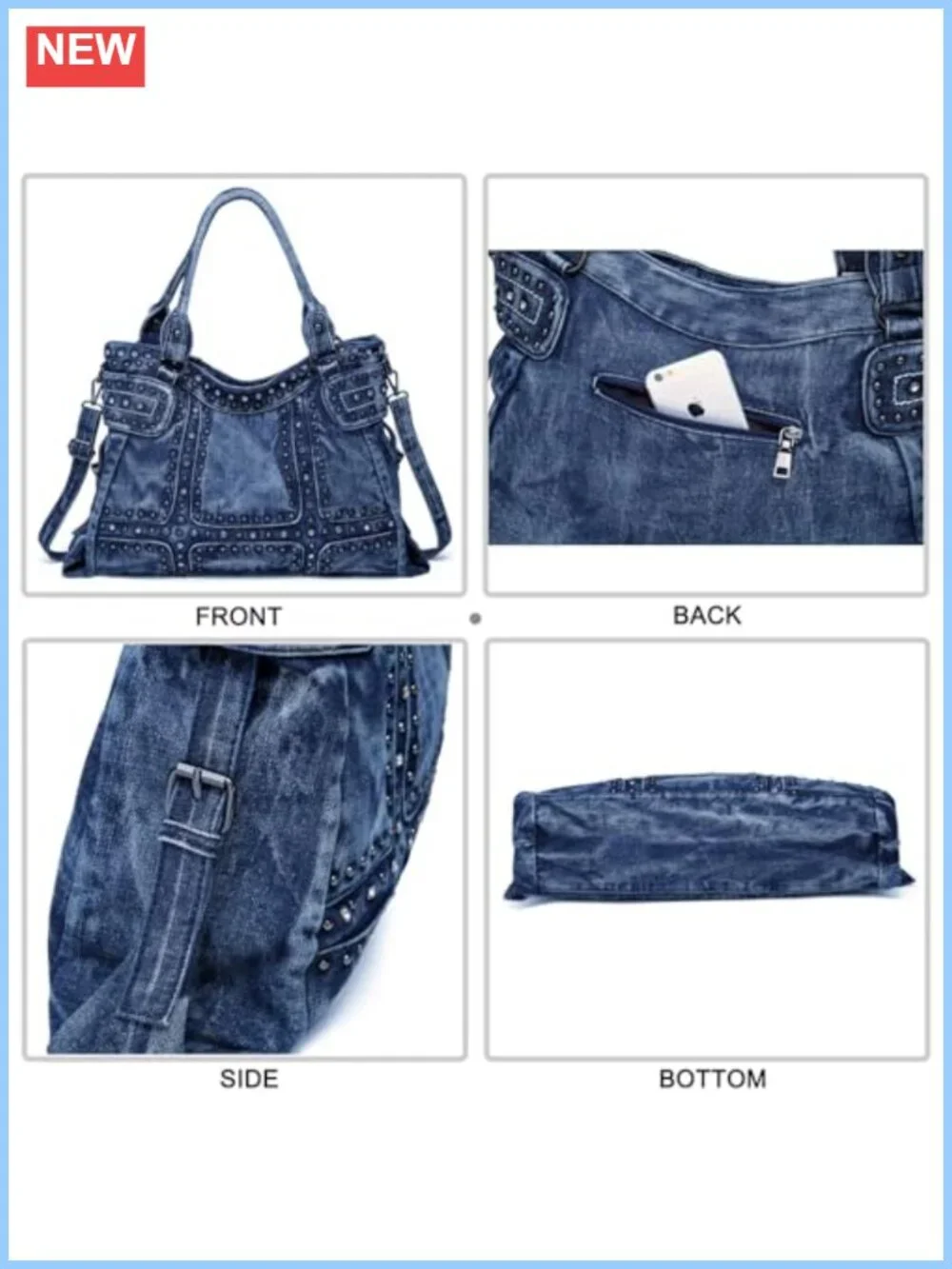 Designer Denim Hobo Tote Bag Crossbody Shoulder Purse Washed Denim Handbag